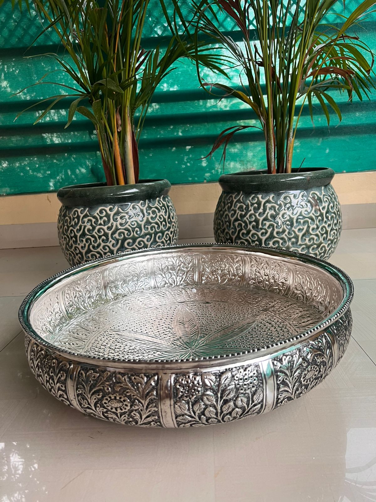 Antique finish German silver fully carved urli bowl for home decor